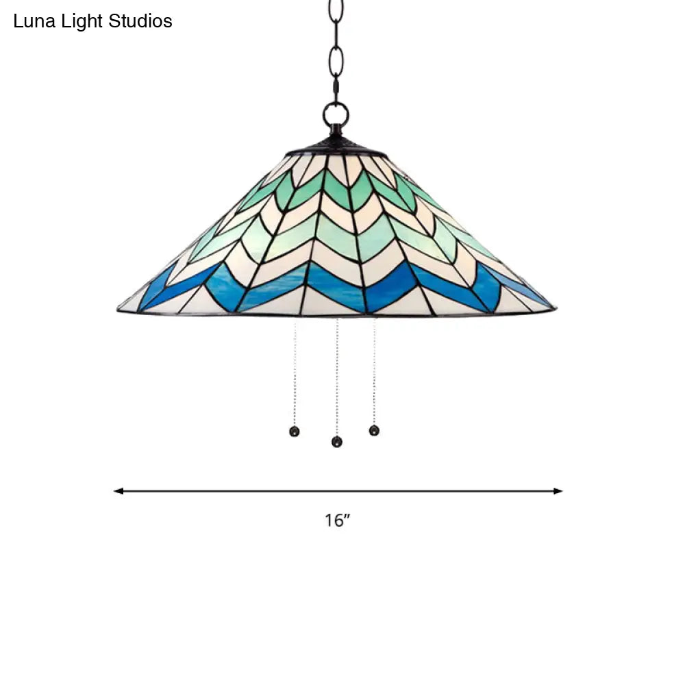 Blue Tiffany-Style Cone Pendant Light Fixture with Stained Art Glass - 16"/19.5" W, Single Head, Down Lighting