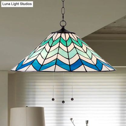 Blue Tiffany-Style Cone Pendant Light Fixture with Stained Art Glass - 16"/19.5" W, Single Head, Down Lighting