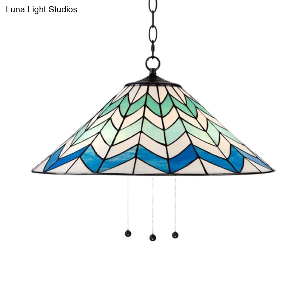 Blue Tiffany-Style Cone Pendant Light Fixture with Stained Art Glass - 16"/19.5" W, Single Head, Down Lighting