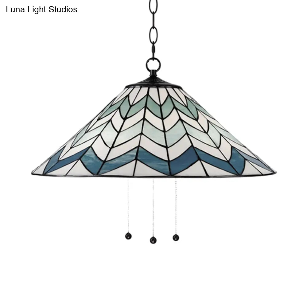 Blue Tiffany-Style Cone Pendant Light Fixture with Stained Art Glass - 16"/19.5" W, Single Head, Down Lighting