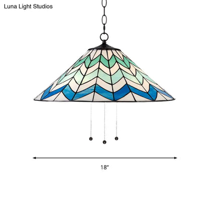 Blue Tiffany-Style Cone Pendant Light Fixture with Stained Art Glass - 16"/19.5" W, Single Head, Down Lighting