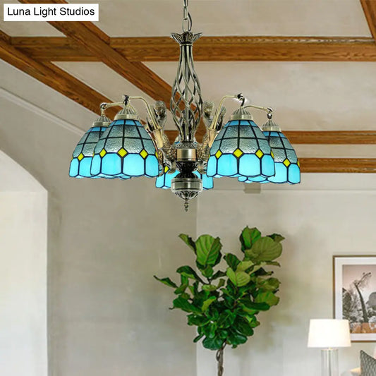 Blue Tiffany-Style Stained Glass Chandelier with 5 Pendant Lights