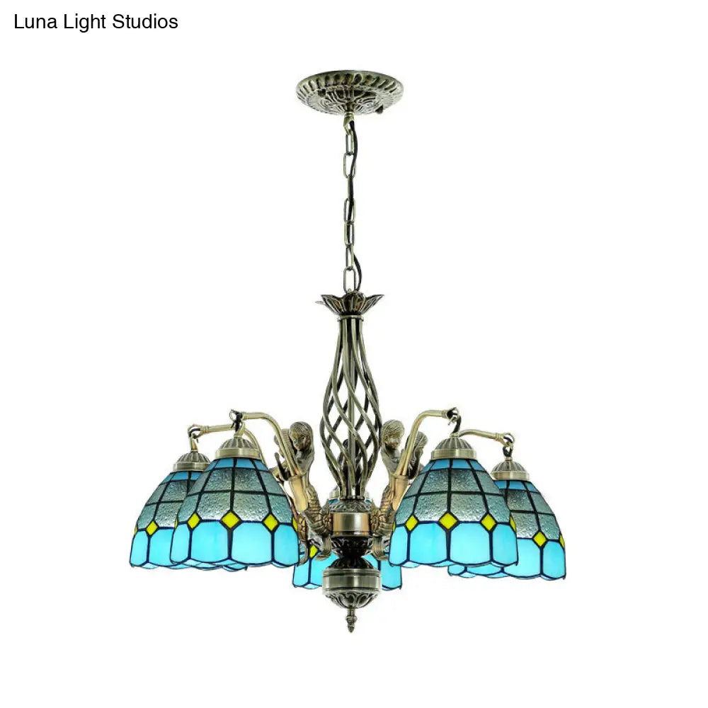 Blue Tiffany-Style Stained Glass Chandelier with 5 Pendant Lights