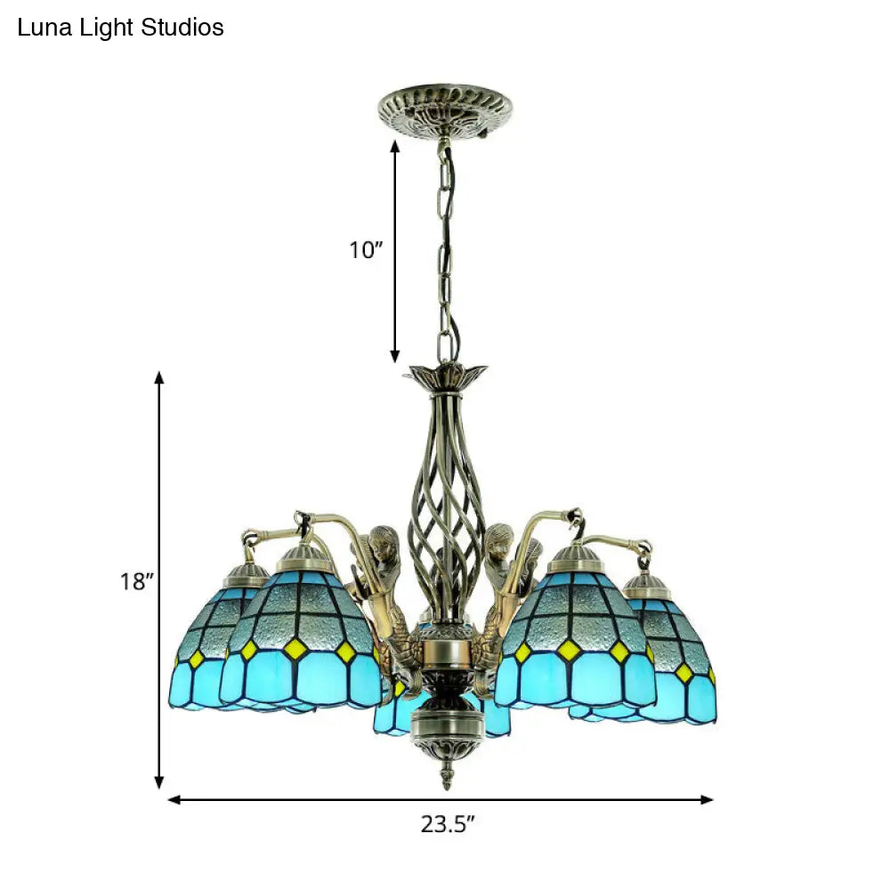 Blue Tiffany-Style Stained Glass Chandelier with 5 Pendant Lights