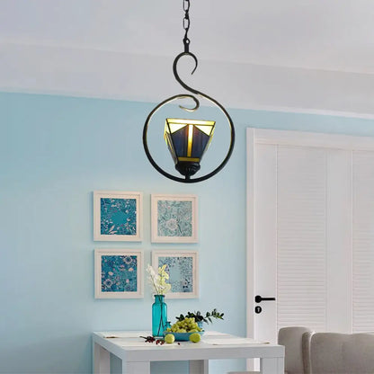 Blue Tiffany Style Stained Glass Pyramid Pendant Light with Stainless Steel Suspension - 1-Light Ceiling Lamp