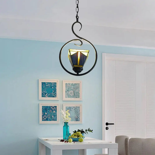 Blue Tiffany Style Stained Glass Pyramid Pendant Light with Stainless Steel Suspension - 1-Light Ceiling Lamp