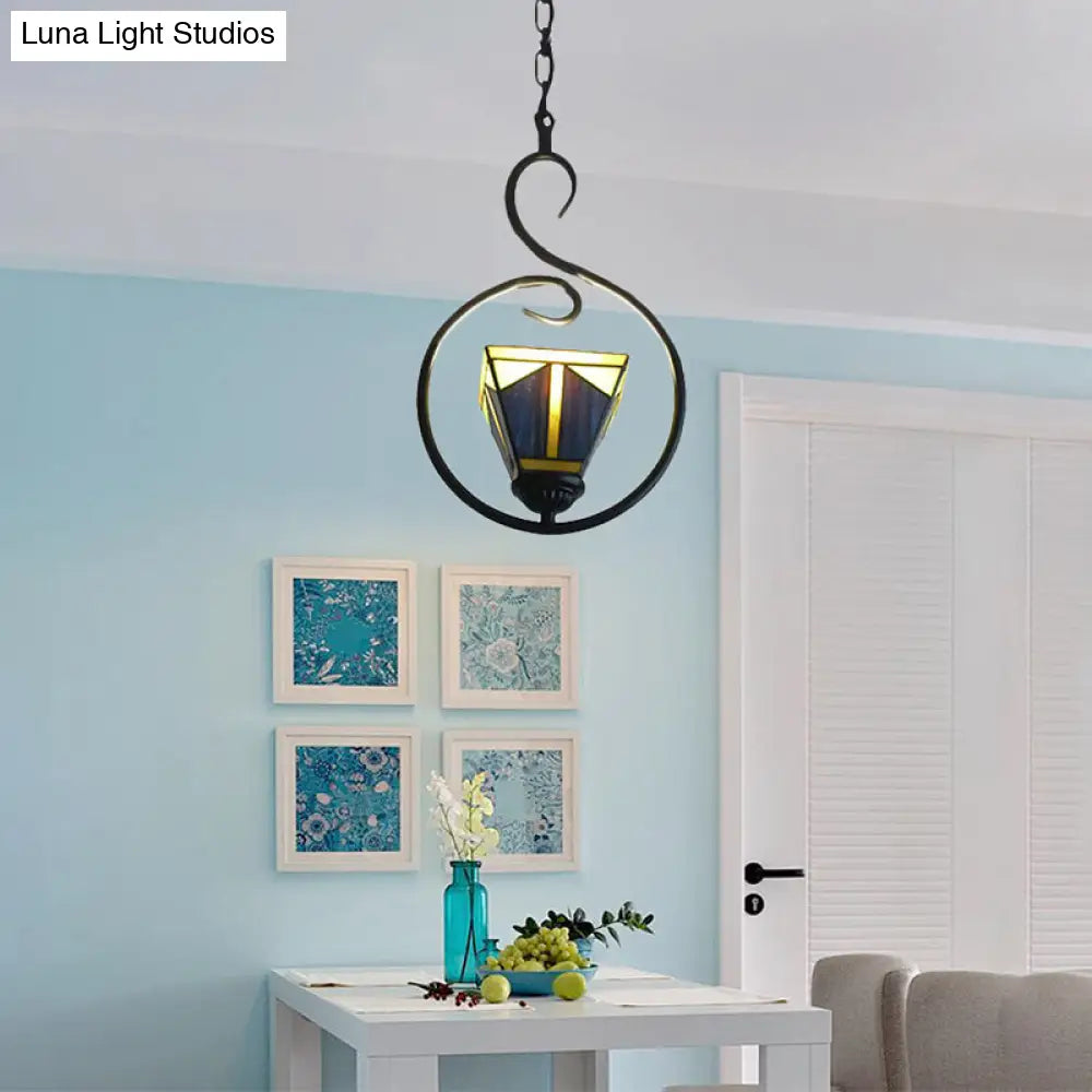 Blue Tiffany Style Stained Glass Pyramid Pendant Light with Stainless Steel Suspension - 1-Light Ceiling Lamp