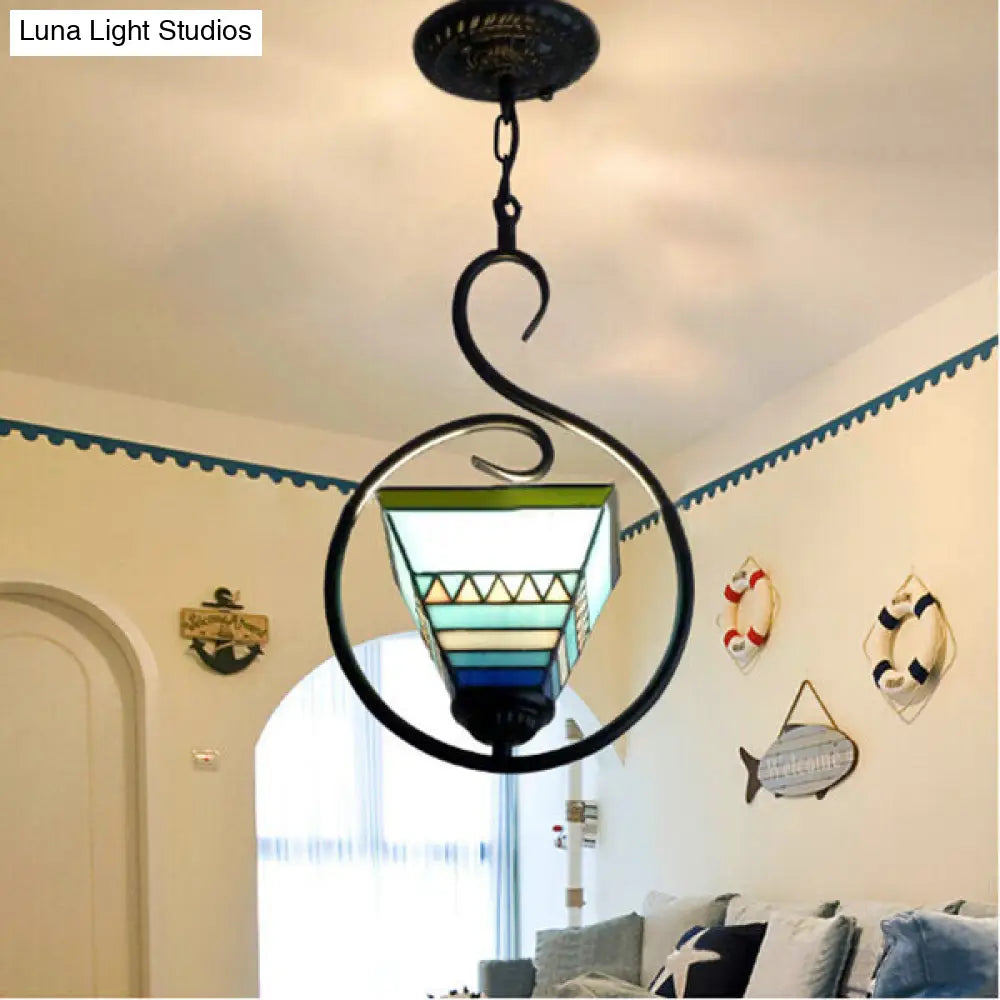 Blue Tiffany Style Stained Glass Pyramid Pendant Light with Stainless Steel Suspension Ring