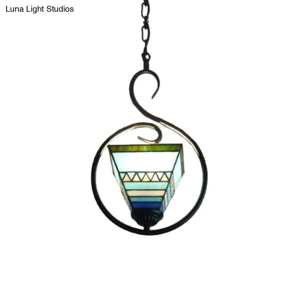 Blue Tiffany Style Stained Glass Pyramid Pendant Light with Stainless Steel Suspension Ring