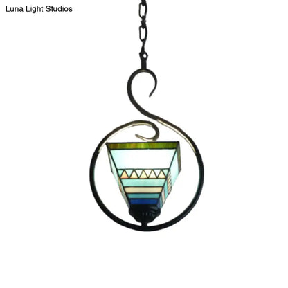 Blue Tiffany Style Stained Glass Pyramid Pendant Light with Stainless Steel Suspension Ring