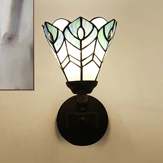 Blue Tiffany Style Stained Glass Wall Mount Fixture - Scalloped Design with Curved Arm, Ideal for Bedroom Lighting