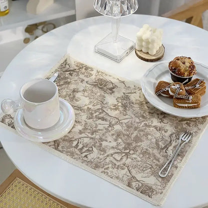 Beige and brown toile cotton linen meal mat with subtle sheen for dining room table by decorbites cotton linen