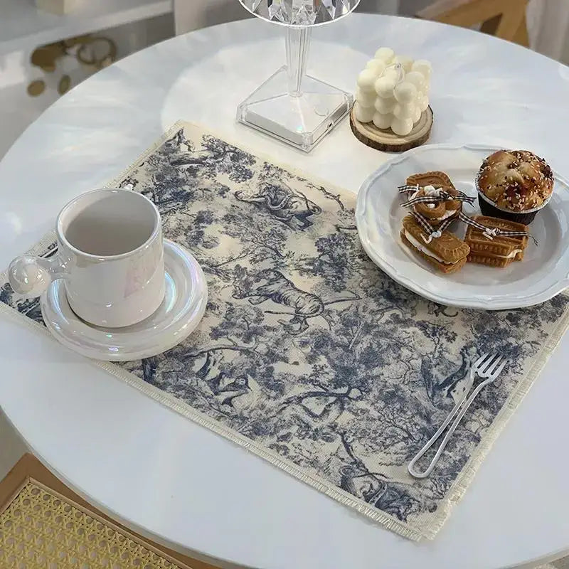 Blue toile cotton linen meal mat with cream pattern and frayed edges ideal for dining room table decorbites cotton linen