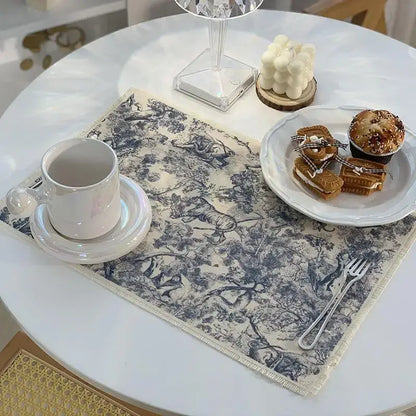 Blue toile cotton linen meal mat with cream pattern and frayed edges ideal for dining room table decorbites cotton linen