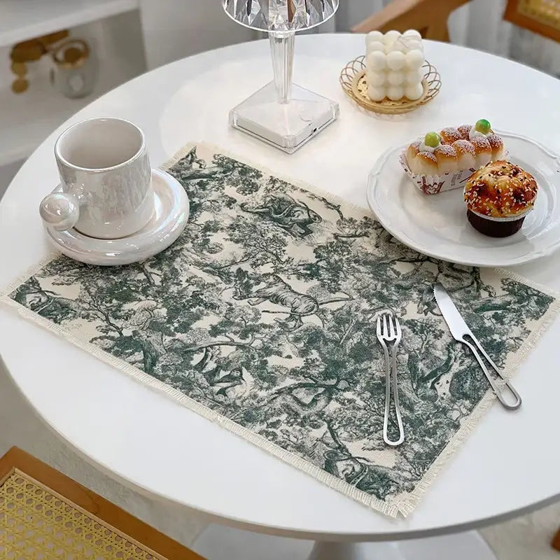 Elegant green and cream toile patterned cotton linen meal mat with frayed edges for dining room table decorbites cotton linen