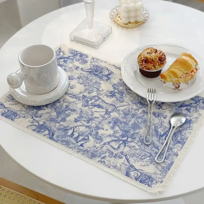 Blue and white toile cotton linen meal mat with frayed edges for dining room table decorbites cotton linen meal use