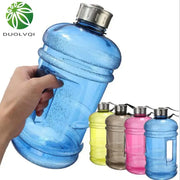 Blue translucent plastic sports water bottle with silver screw-on cap and handle for fitness gym and kitchen use
