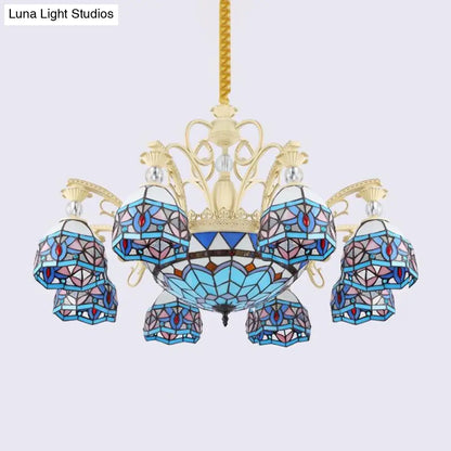 Lámpara de araña victoriana azul con pantalla de cristal tallado - 6/9/11 luces - Lámpara colgante moderna para sala de estar