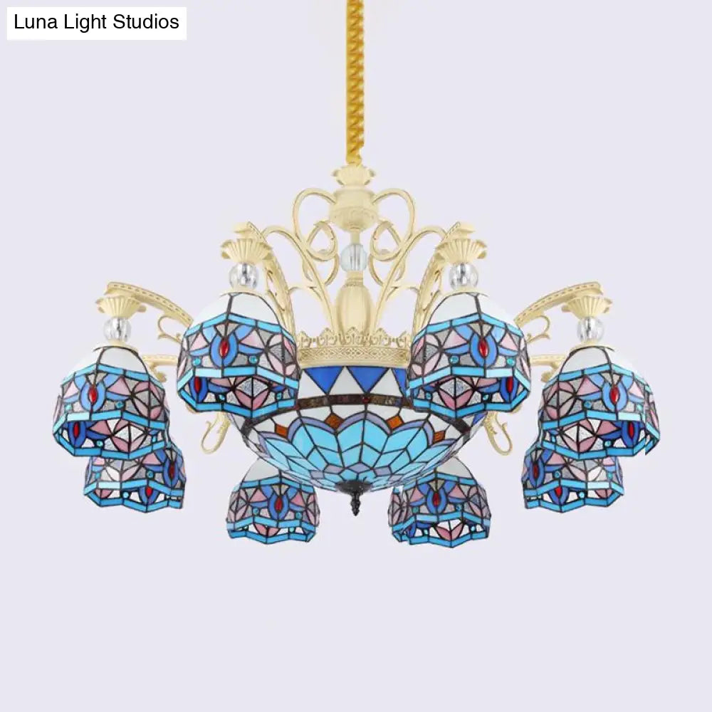 Lámpara de araña victoriana azul con pantalla de cristal tallado - 6/9/11 luces - Lámpara colgante moderna para sala de estar