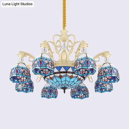 Lámpara de araña victoriana azul con pantalla de cristal tallado - 6/9/11 luces - Lámpara colgante moderna para sala de estar