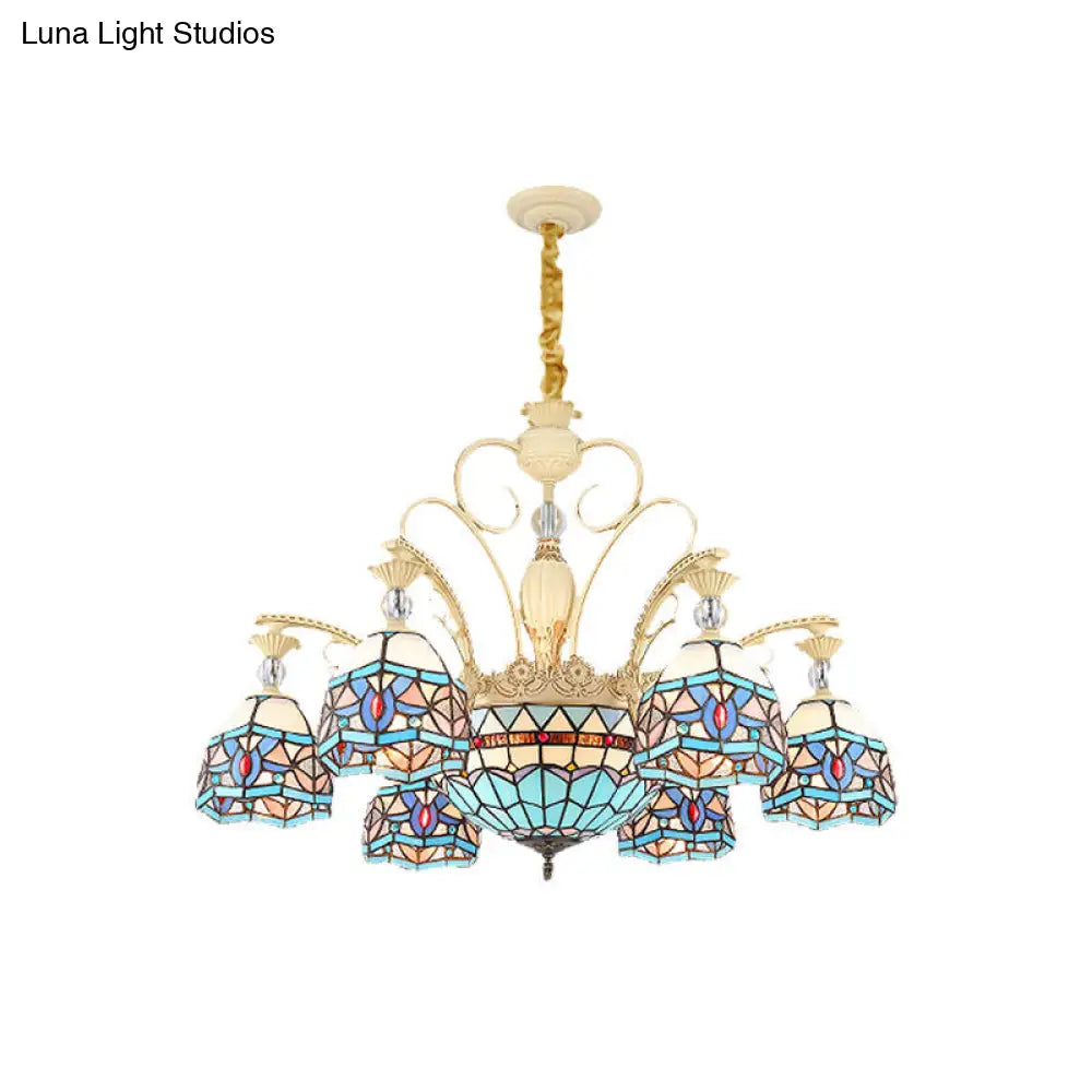 Lámpara de araña victoriana azul con pantalla de cristal tallado - 6/9/11 luces - Lámpara colgante moderna para sala de estar