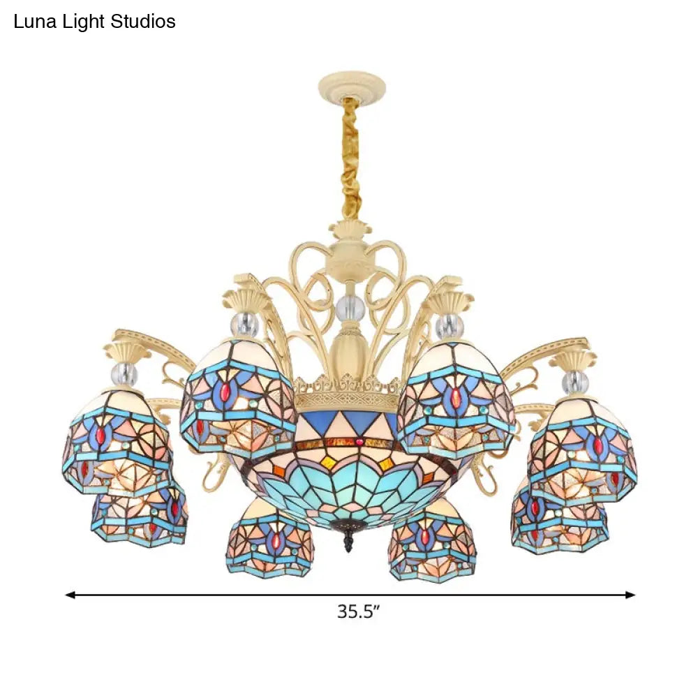 Lámpara de araña victoriana azul con pantalla de cristal tallado - 6/9/11 luces - Lámpara colgante moderna para sala de estar