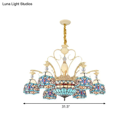 Lámpara de araña victoriana azul con pantalla de cristal tallado - 6/9/11 luces - Lámpara colgante moderna para sala de estar