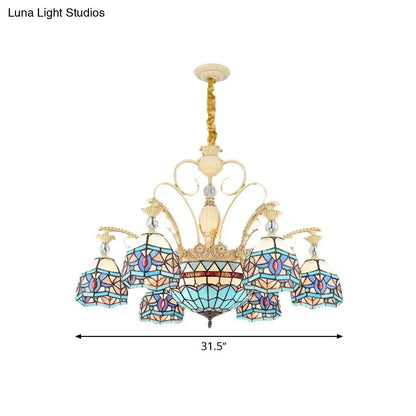 Lámpara de araña victoriana azul con pantalla de cristal tallado - 6/9/11 luces - Lámpara colgante moderna para sala de estar
