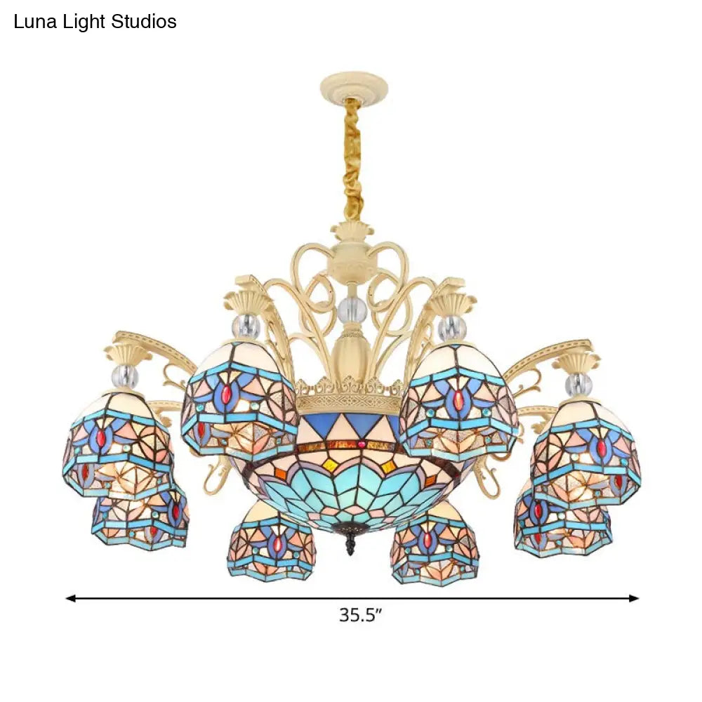 Lámpara de araña victoriana azul con pantalla de cristal tallado - 6/9/11 luces - Lámpara colgante moderna para sala de estar