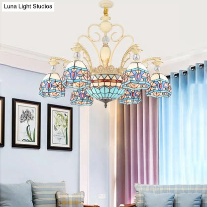 Lámpara de araña victoriana azul con pantalla de cristal tallado - 6/9/11 luces - Lámpara colgante moderna para sala de estar