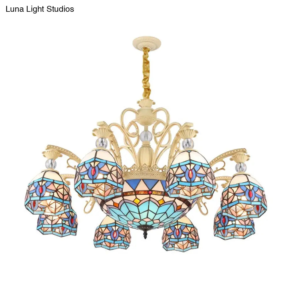 Lámpara de araña victoriana azul con pantalla de cristal tallado - 6/9/11 luces - Lámpara colgante moderna para sala de estar