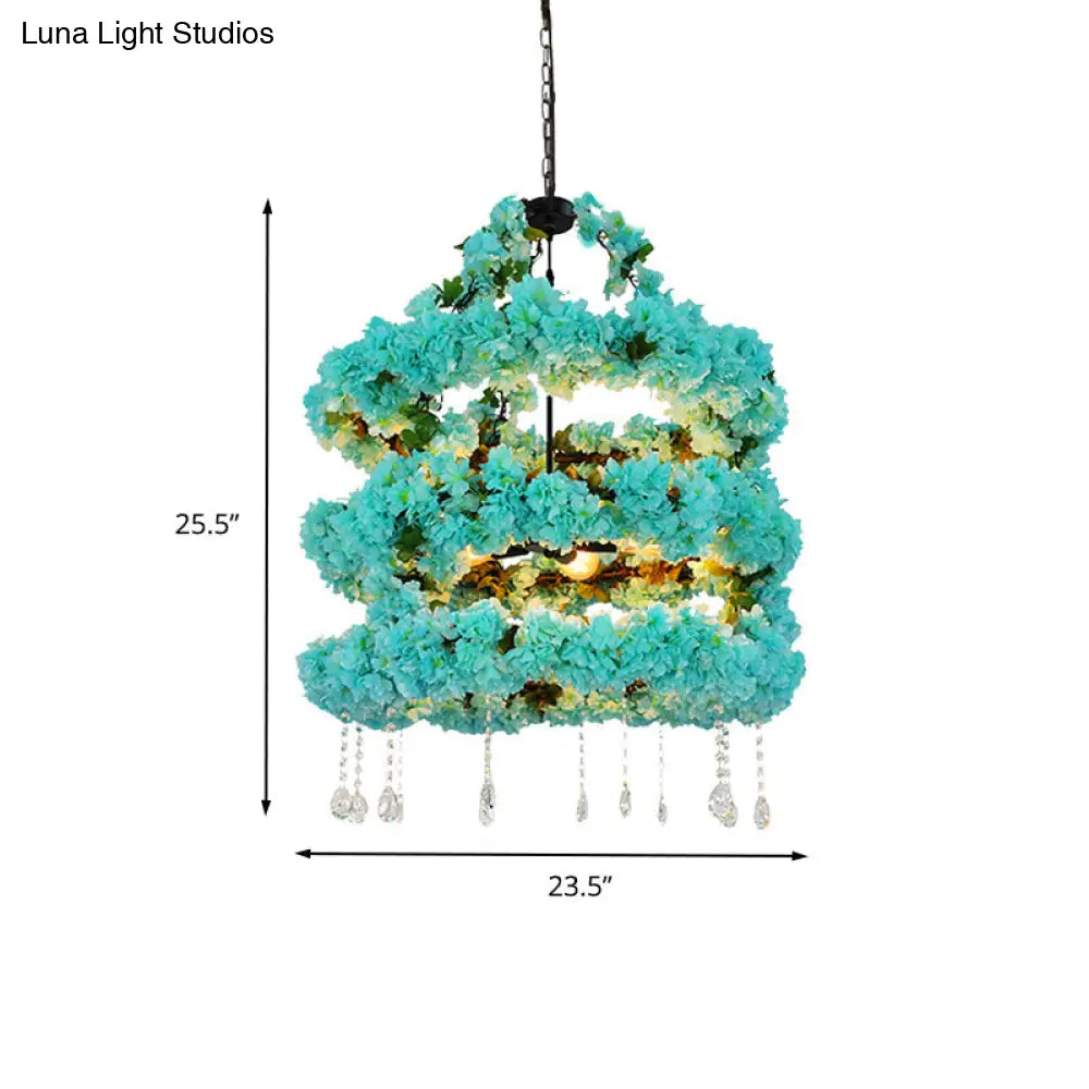 Blue Vintage Metal Flower Chandelier with Crystal Accent and LED Suspension Pendant