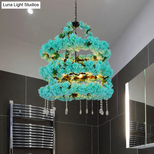 Blue Vintage Metal Flower Chandelier with Crystal Accent and LED Suspension Pendant