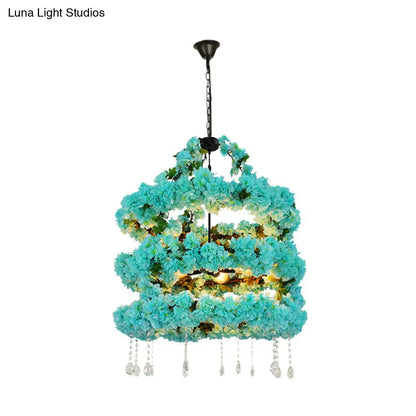 Blue Vintage Metal Flower Chandelier with Crystal Accent and LED Suspension Pendant