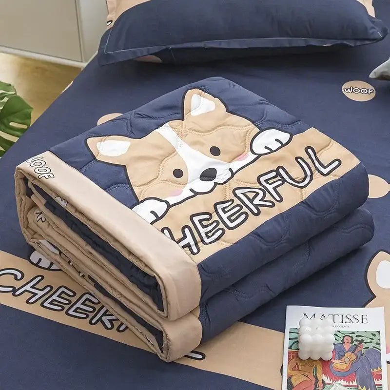 Folded navy and beige daisy print quilt featuring a cheerful cartoon corgi by decorbites for bedroom decor