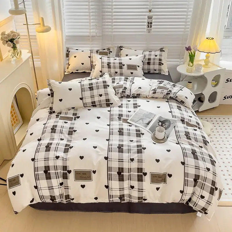 White duvet set with black gray plaid heart motifs and patches in decorbites blue white blocking print bedding set