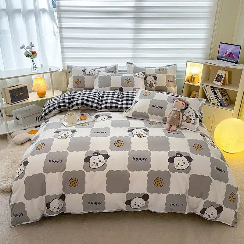 Cute gray and white cartoon dog bedding set with happy text and cookie motifs in decorbites blue white blocking print