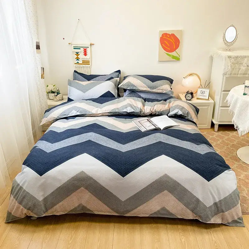 Blue and gray chevron-patterned bedding set with textured woven fabric finish for decorbites blue white blocking print bedroom decor