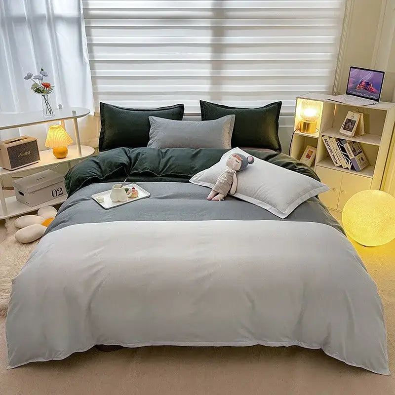 Soft gray and dark green two-tone duvet set with plush smooth texture in decorbites blue white blocking bedding set