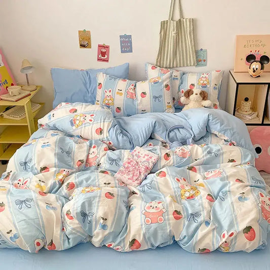 Blue and white bunny cloud cotton printed bedding sets featuring cartoon bunnies strawberries and bows in plush fabric