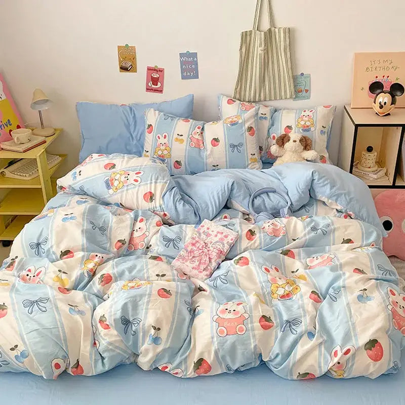Blue and white bunny cloud cotton printed bedding sets featuring cartoon bunnies strawberries and bows in plush fabric