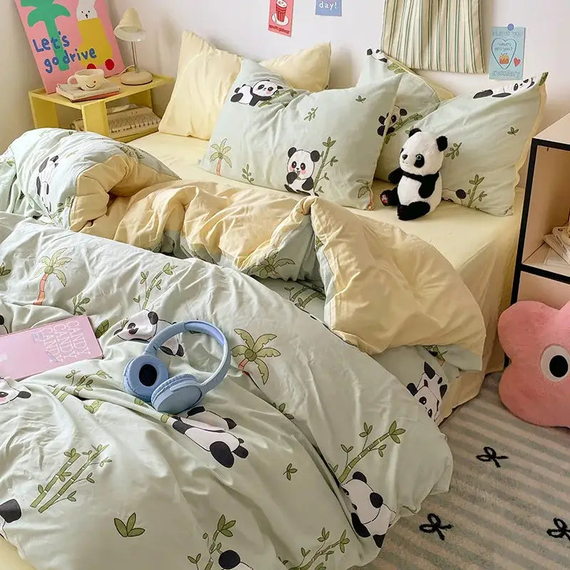 Pastel green and yellow panda-themed bedding sets with bamboo prints made of decorbites cloud cotton printed quilt set