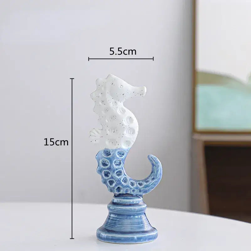 Delicate blue and white cartoon seahorse ceramic statue decorbites seahorse ceramic statue for living room decor