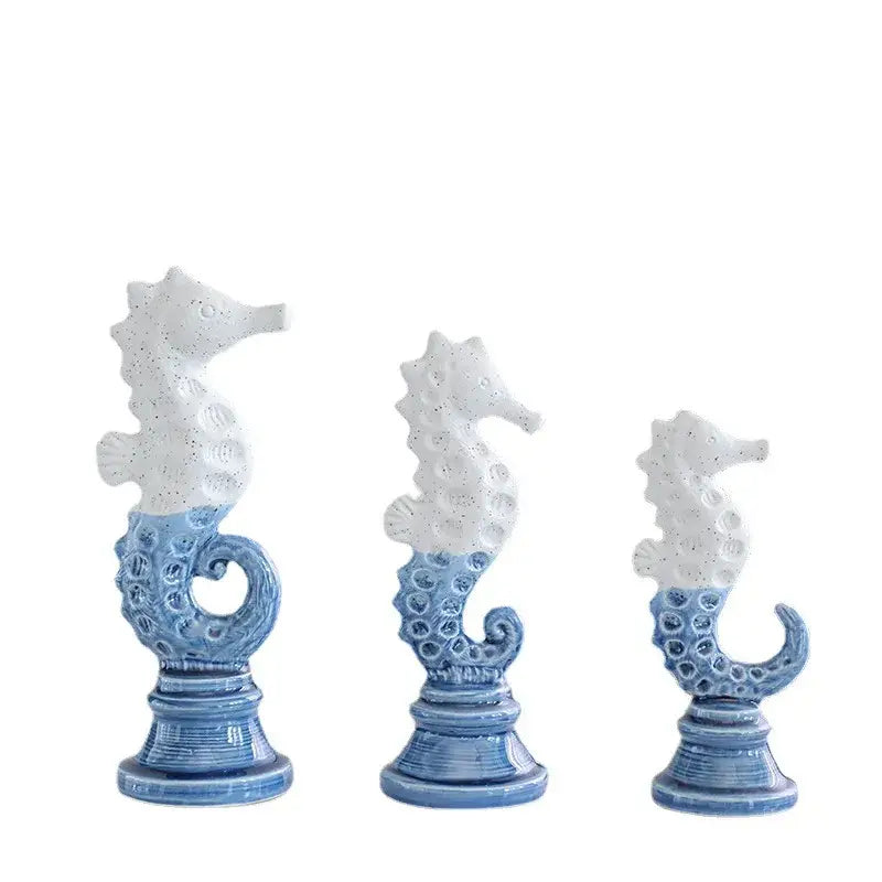Set of three blue and white cartoon seahorse ceramic statues with textured patterns for living room decorbites decor