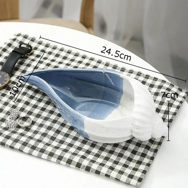 Blue and white ceramic marine life clamshell tray with two-tone glaze and glossy finish for bedroom decor by decorbites ceramic marine