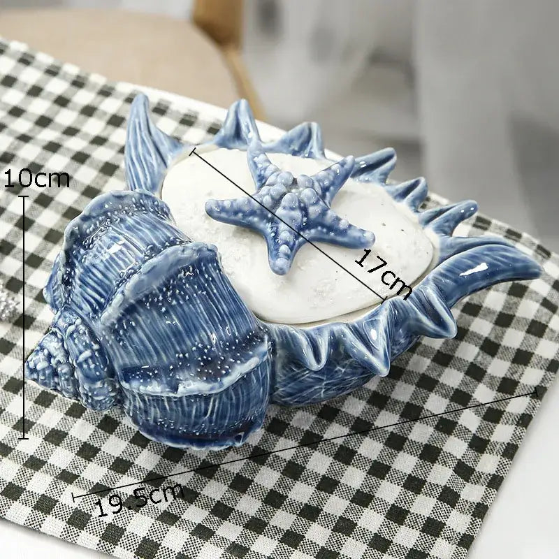 Blue and white ceramic marine life seashell soap dish with starfish decorbites ceramic marine bedroom decor tray