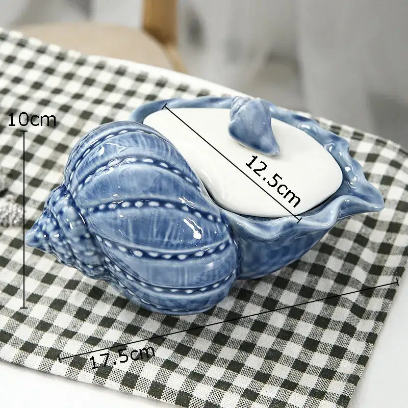 Blue and white ceramic marine life seashell sugar bowl with decorative dotted patterns for decorbites ceramic marine decor