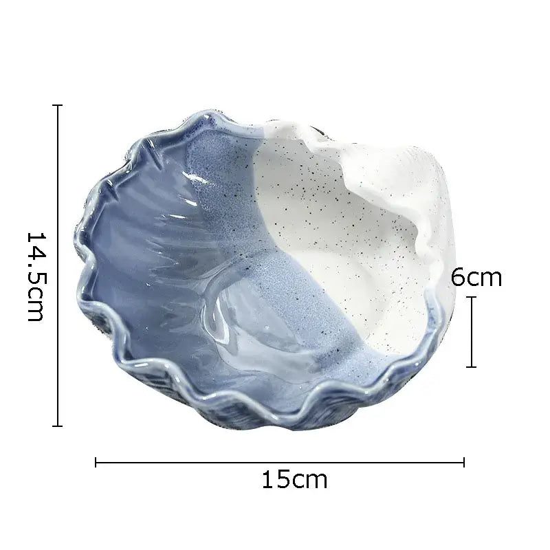 A ceramic marine life blue and white speckled clamshell tray with scalloped edges for bedroom decorbites ceramic marine decor