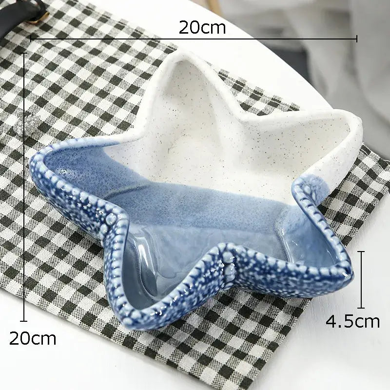 Blue and white ceramic marine life star-shaped clamshell tray with speckled glaze finish for decorbites ceramic marine decor