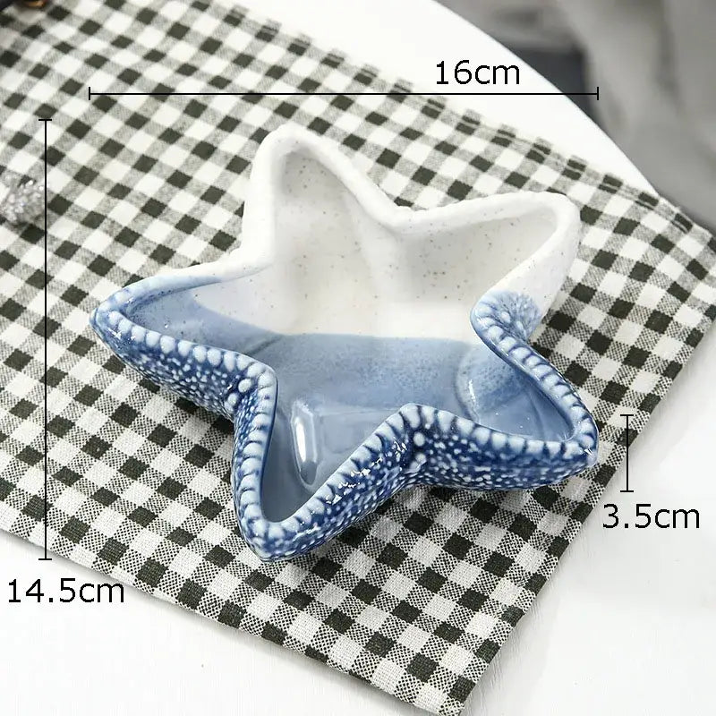 Blue and white ceramic marine life star-shaped dish with speckled glaze finish decorbites ceramic marine decorbites ceramic marine life
